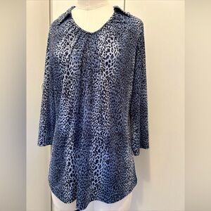 Susan Graver! Black & Blue Collared Animal Print Top with Silver Shimmer.